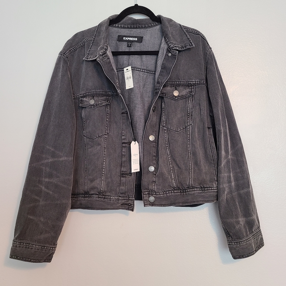 Express Cropped Oversized Faded Black Cotton Lived-in Grunge y2k Demin Jacket XL